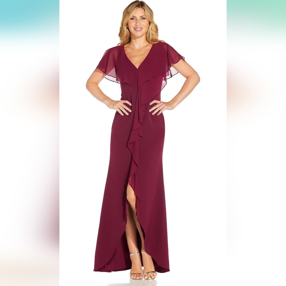 Adrianna Papell Women's Red Chiffon and Crepe Cascade Mermaid Slit Gown Dress 14